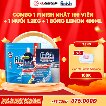 COMBO FINISH 1 Túi viên rửa bát Finish Nhật 100 viên + 1 Nước bóng 400ml chanh + 1 Muối 1.2kg