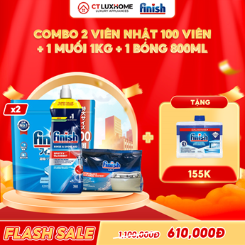 COMBO FINISH 2 Túi viên rửa bát Nhật 100 viên + 1 Nước bóng 800ml chanh + 1 Muối rửa bát 1kg