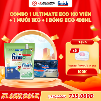 COMBO FINISH 1 Túi viên rửa Ultimate Eco 100 viên + 1 Nước bóng eco 400ml + 1 Muối 1kg