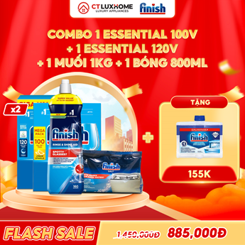 COMBO FINISH 1 Túi viên rửa bát Essential 120 viên + 1 Essential 100 viên + 1 Nước bóng 800ml + 1 Muối rửa bát 1kg