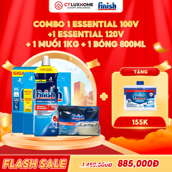 COMBO FINISH 1 Túi viên rửa bát Essential 120 viên + 1 Essential 100 viên + 1 Nước bóng 800ml + 1 Muối rửa bát 1kg