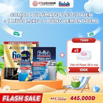 COMBO FINISH 1 Túi viên rửa bát Ultimate Plus 52 viên hương thường + 1 Nước bóng 400ml chanh + 1 Muối rửa bát 1.2kg