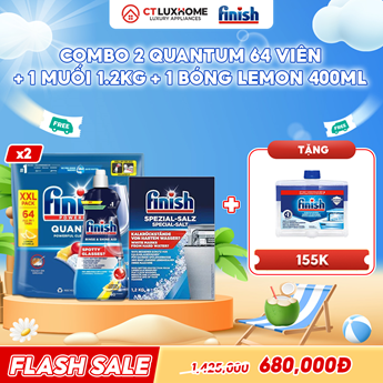 COMBO FINISH 2 Túi viên rửa bát Quantum 64 viên +1 Nước bóng 400ml chanh + 1 Muối 1.2kg