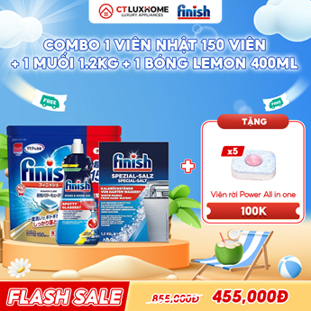 COMBO FINISH 1 Túi viên rửa bát Finish Nhật 150 viên + 1 Nước bóng 400ml chanh + 1 Muối rửa bát 1.2kg